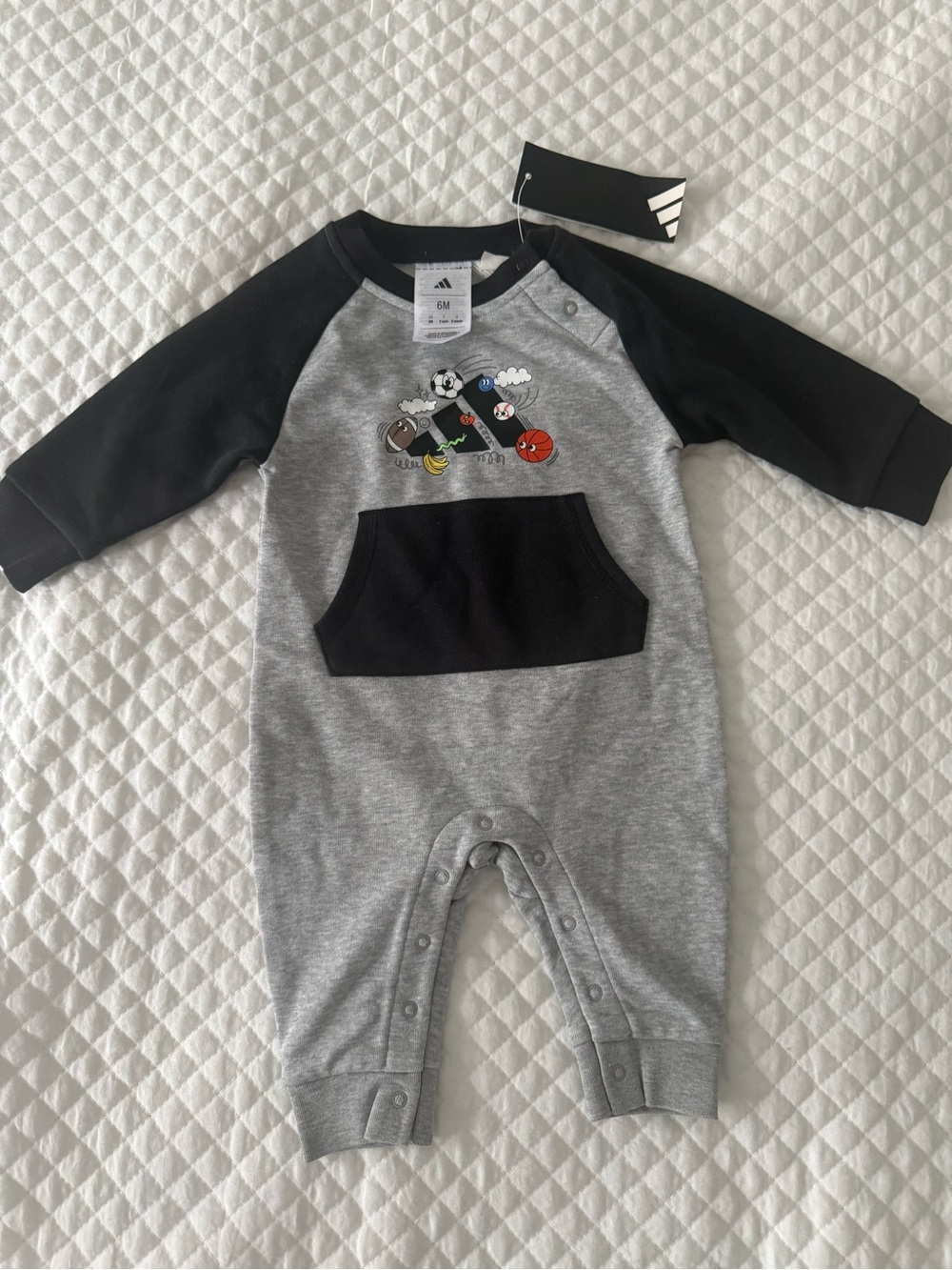 adidas Grey & Black Raglan Sleeve Baby One-Piece Romper